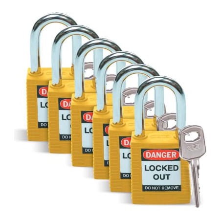 BradyÂ Lockout Padlock, Keyed Alike, 1-1/2, Plastic Covered Steel, Yellow, 6/Pack